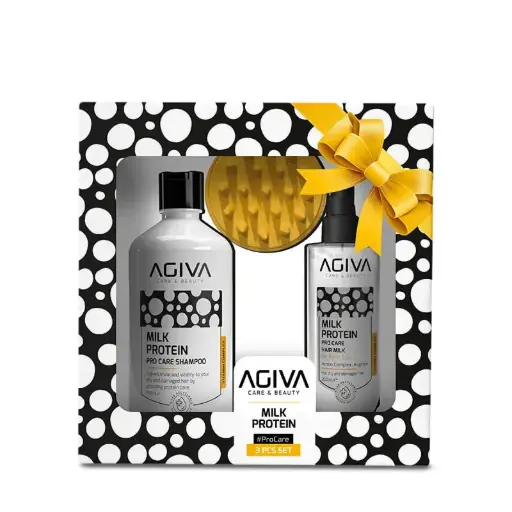 [M.18220] Agiva Milk Protein Amino Complex Pro Care Set (Shampoo 500 ml + Hair Care Milk 200 ml + Massage Comb )